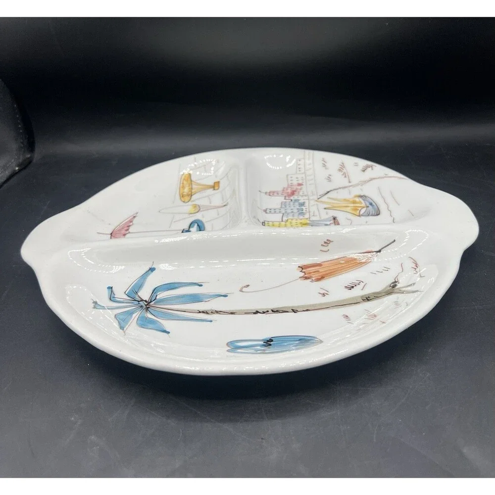 Vintage Italy Hand Painted Divided Relish Tray Ashtray Coastal Beach MCM Decor